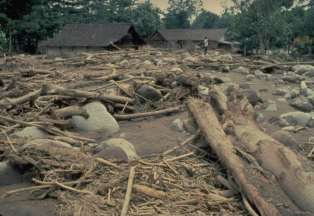 Rainfall during the February 1990 eruptions of Kelud volcano triggered lahars (volcanic mudflows) that devastated villages and agricultural land. Copyrighted photo by Katia and Maurice Krafft, 1990.