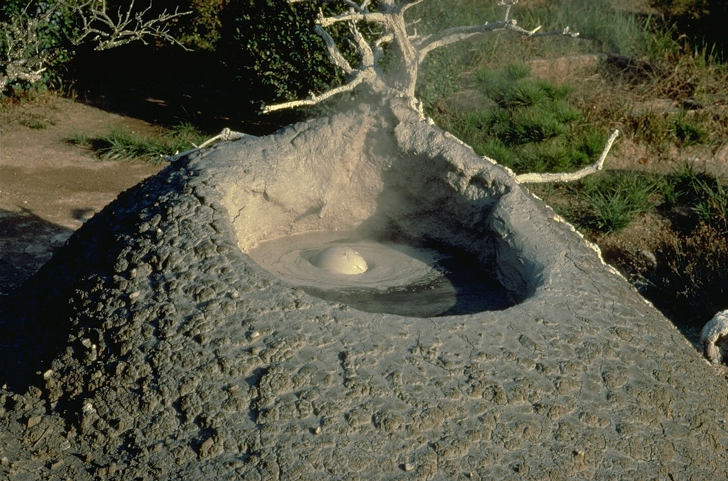 Mudpots are a common feature of the Beppu thermal area on the flanks of Tsurumi volcano on the island of Kyushu.  Beppu is one of Japan's most noted thermal areas, containing hot spring pools of varying water color, hot beach sands, and many hot spring resorts. Copyrighted photo by Katia and Maurice Krafft, 1981.