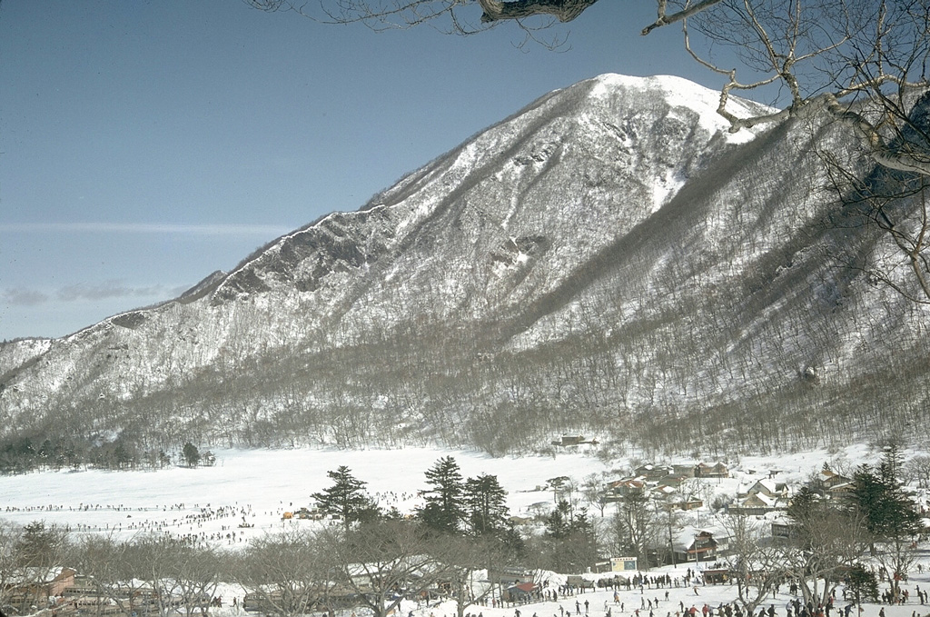 Akagisan volcano contains a lake-filled summit caldera. Kurohinokiyama, across Lake Ono to the NE, is the highest point on the caldera rim of, 350 m above the lake. Photo by Lee Siebert, 1965 (Smithsonian Institution).