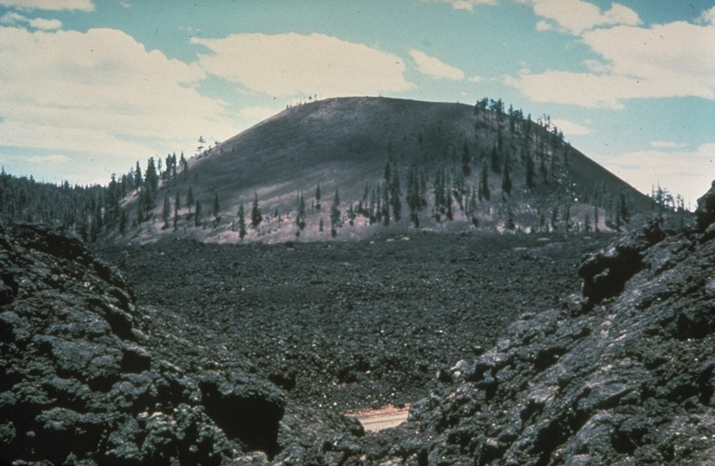 Medicine Lake Volcano's summit caldera is seen here from the east rim, with Mount Shasta in the background.  The 7 x 12 km caldera, the source of Medicine Lakes largest eruption, (~180 ka) is partially filled by Medicine Lake, Medicine Lake Glass Flow (on the right) that erupted ~5,200 years ago, and the older Lake Basalt flow (~89 ka; in the foreground).  During the Holocene several obsidian flows have erupted inside and along the rim of the caldera with large pumice deposits, and voluminous basalts have erupted on the flanks.  Photo by Peter Lipman, 1981 (U.S. Geological Survey).