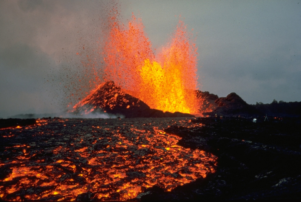 Lava fountains on 30 September 1977 produced lava flows from the Pu`u Kiai vent at Kilauea. The eruption began along the East Rift Zone near Kalalau Crater on 13 September. The eruption ended on 1 October after producing lava flows that traveled 10 km SE to within 1 km of the coastal town of Kalapana. Photo by Peter Lipman, 1977 (U.S. Geological Survey).