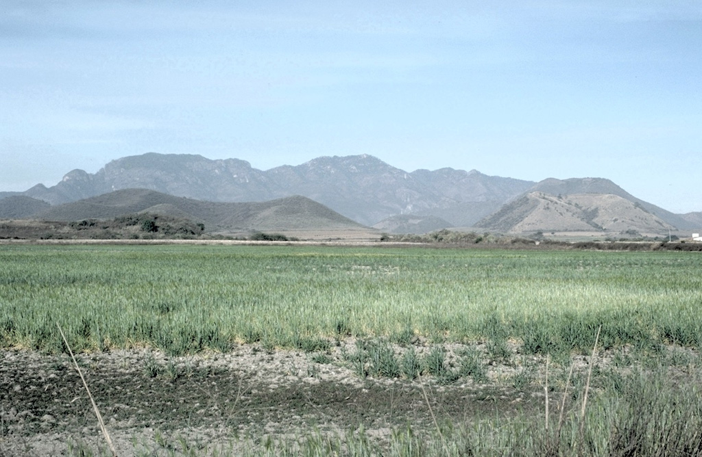 Volcán el Puerto (left) and Volcán Embarcadero (right) are seen from the east across fields of the Mascota graben. Both cones have craters that open towards the east. They  are in the NW side of the Mascota Volcanic Field and erupted near the western base of the graben walls, which in this view consists of metamorphic rocks and elsewhere of Cretaceous tuffs. The Mascota graben here is about 5 km wide. Photo by Jim Luhr, 1985 (Smithsonian Institution).