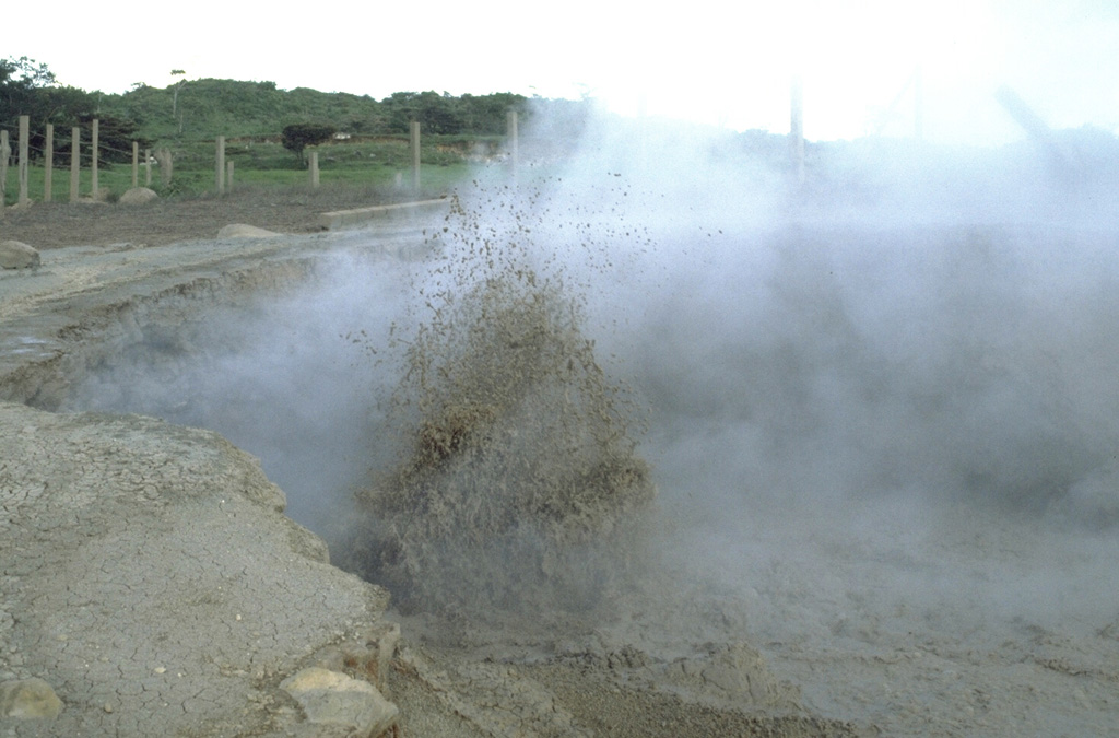 Vigorous mud eruptions occur at Las Hornillos thermal area on the W flank of Costa Rica's Miravalles volcano. A geothermal project in the 15 x 20 km Guayabo caldera (containing Miravalles) provides a major component of the electrical power needs of Costa Rica. Photo by William Melson, 1988 (Smithsonian Institution)