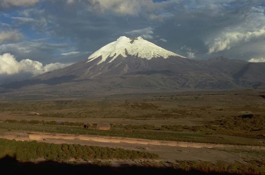 Symmetrical Cotopaxi is one of the most prominent volcanoes that line both sides of the Interandean valley along Ecuador's "Avenue of Volcanoes."  Cotopaxi, one of Ecuador's most active volcanoes, has produced more than 50 eruptions since the 16th century.  Glaciers cover the upper part of the cone from 4700 m altitude on the west flank, seen here, to the 5911-m-high summit.  Devastating lahars in historical time swept this valley before turning south and then east into the Amazon basin.  Lahars to the NW reached the Pacific Ocean.   Photo by Lee Siebert, 1978 (Smithsonian Institution).