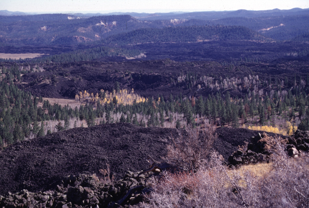 Blocky unvegetated lava flows known as the Black Rock Desert extend from near Miller Knoll to the SE.  These flows, which also extend NE to near Panguitch Lake, are among the youngest features of the Markagunt Plateau volcanic field.  This is one of several young volcanic fields in SW Utah.  Photo by Lee Siebert, 1996 (Smithsonian Institution).