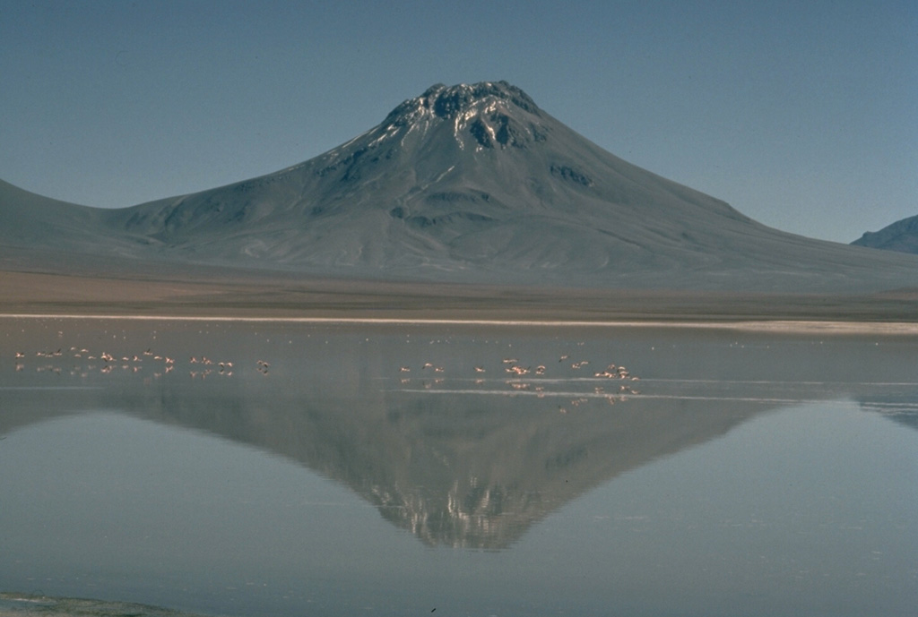 Symmetrical Volcán Aguas Calientes, also known as Simba, is a twin volcano of Láscar.  It is seen here from the south as a backdrop to Laguna Lejía, renowned for its flamingos, with the slopes of Láscar at the extreme left.  Aguas Calientes is at the eastern end of a short E-W volcanic chain that includes the historically active Láscar volcano on the west.  A shallow lake occupies the well-preserved summit crater of Aguas Calientes.  The thick lava flows at the summit are considered to be of Holocene age. Copyrighted photo by Katia and Maurice Krafft, 1983.