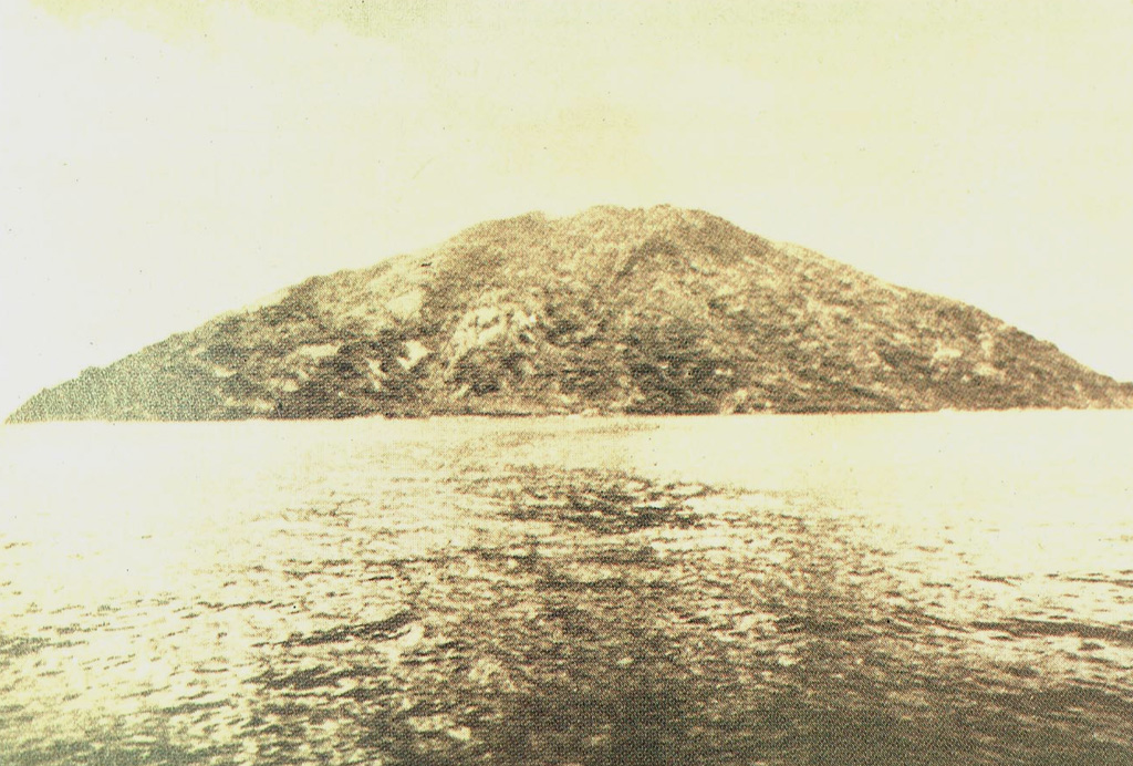 Teon Island, seen here from the south, is a roughly 15-km-wide island in the western Banda Sea.  The 655-m-high forested summit rises 3700 m above the sea floor.  Explosive eruptions, the most severe of which was in 1660, have been recorded since the 17th century from Teon (also known as Serawerna). Photo by Ruska Hadian, 1975 (Volcanological Survey of Indonesia).