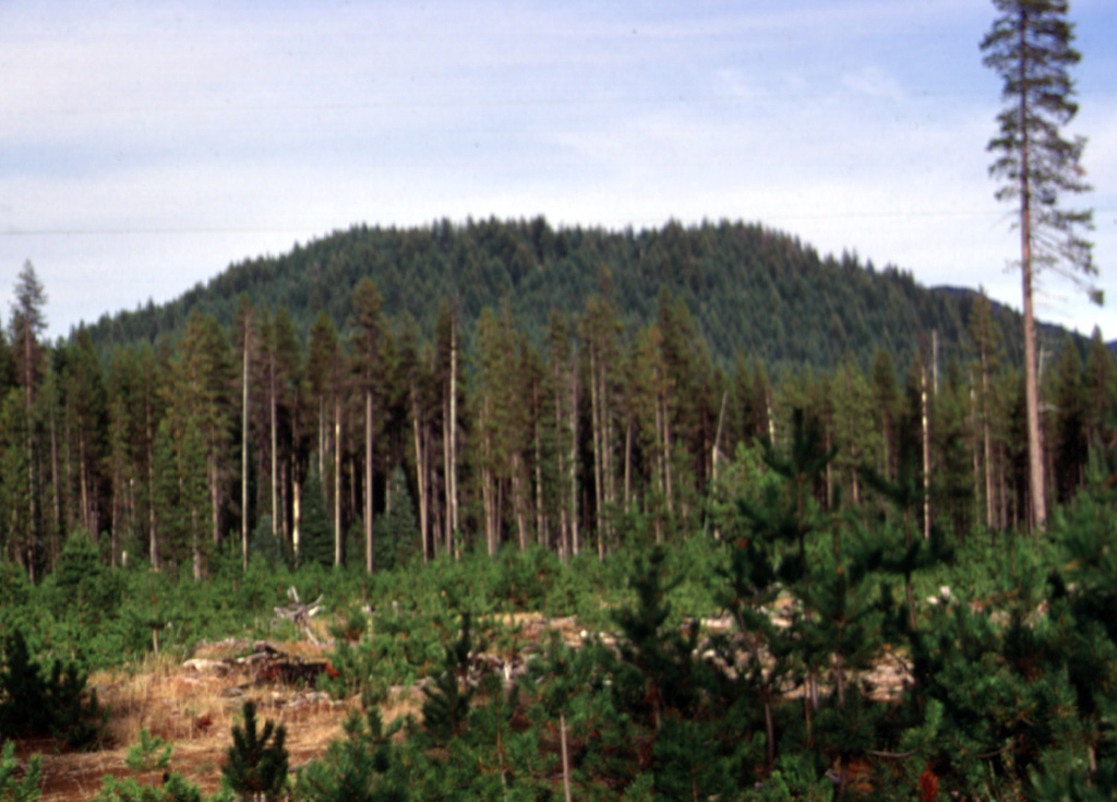 Kelsay Point scoria cone, seen here from the SW, is NNE of Diamond Lake. It erupted during or after deglaciation, around 7,780 and 15,000 years ago; the  summit crater of is the site of a quarry for road aggregate. Photo by Lee Siebert, 1997 (Smithsonian Institution).