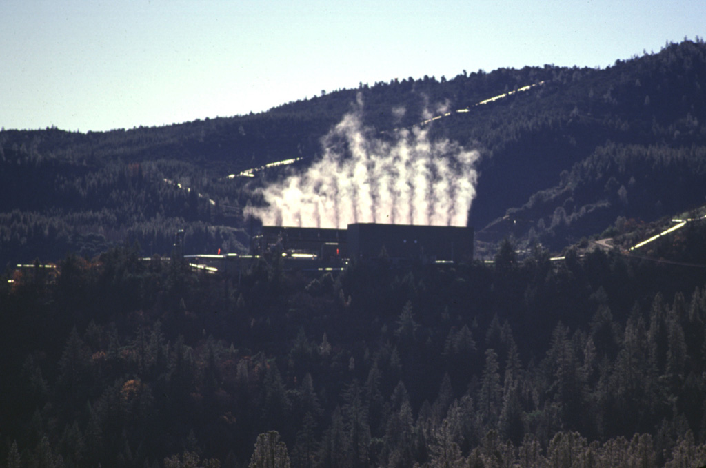 The Geysers steam field is located at the SW end of the Clear Lake volcanic field in the Coast Ranges of western California. A large silicic magma reservoir provides the heat source. Photo by Paul Kimberly, 1997 (Smithsonian Institution).