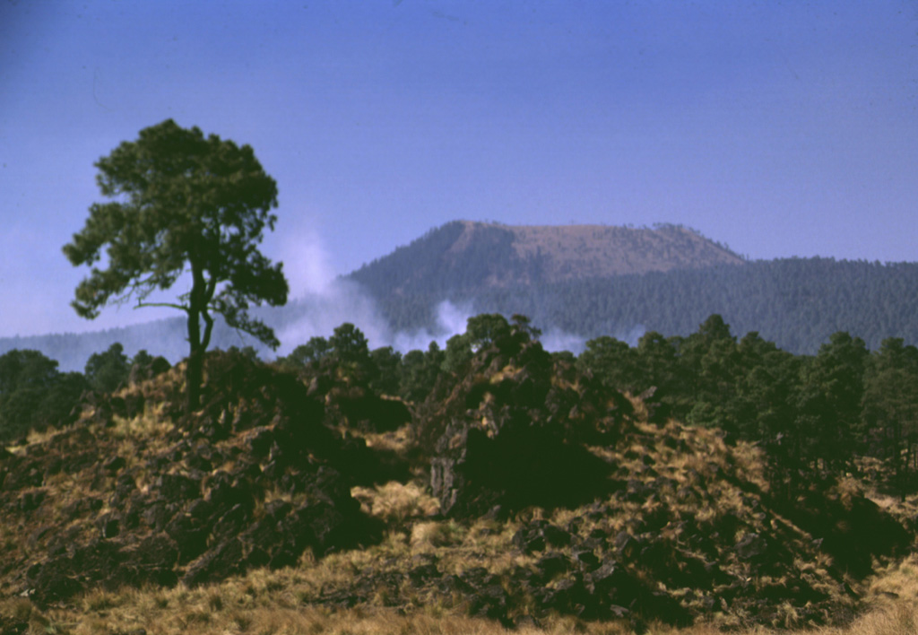 The cone of Volcán Pelado is located SE of Ajusco volcano. The eruption of the cone, seen here from the SE, produced pyroclastic flows that traveled to the north, east, and south. Lava flows that erupted from E-W-trending fissures cover an area of about 63 km2. Pottery shards have been found within the deposits, indicating that the eruption affected neighboring settlements. Photo by Lee Siebert, 1998 (Smithsonian Institution).