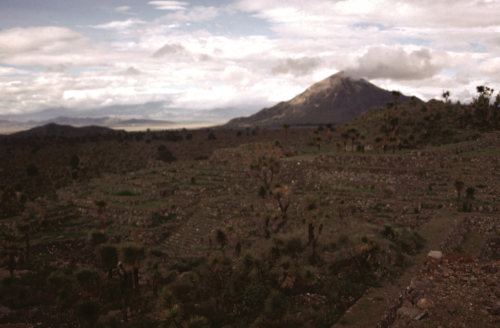 During the late-Pleistocene or Holocene, voluminous andesite and basaltic-andesite lava flows erupted from scoria cones on the southern caldera rim and flowed long distances down the flank. The age of the flows is not known precisely, but the roughly 6,000-year-old Cantona archaeological site in this photo was constructed on top of the flows. A meteorological cloud on the horizon drifts from the summit of Cerro Pizarro, the northernmost lava dome of the Serdán-Oriental volcanic field. Photo by Gerardo Carrasco-Núñez, 1995 (Universidad Nacional Autónoma de México).