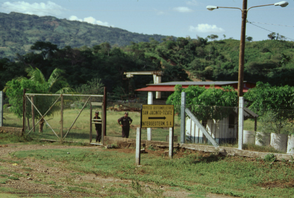 The San Jacinto-Tizate geothermal prospect at the eastern end of the Telica volcanic complex has undergone intermittent exploration by a Nicaraguan-Russian consortium.  During the 1993-1995 period, seven exploration-production wells were drilled in the San Jacinto-Tizate geothermal area.  The wells had total depths between 724 and 2235 m and encountered temperatures from 264 to 289 degrees Centigrade.  Subsequent development by Polaris Geothermal resulted in inauguration of the first 10 MW production well in June 2005. Photo by Paul Kimberly, 1998 (Smithsonian Institution).