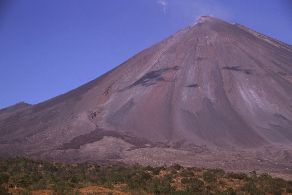 Frequent eruptions from MacKenney crater at Pacaya have kept the flanks free of vegetation. The summit towers more than 1 km above its base. The darker area to the lower left in this February 1999 photo is a September 1998 lava flow that originated from a vent on the lower SW flank that bifurcated into lobes that traveled to the SW and S. The lighter area below the flow extending to the right margin of the photo is a debris avalanche deposit that formed when the summit crater rim collapsed. Photo by Lee Siebert, 1999 (Smithsonian Institution).