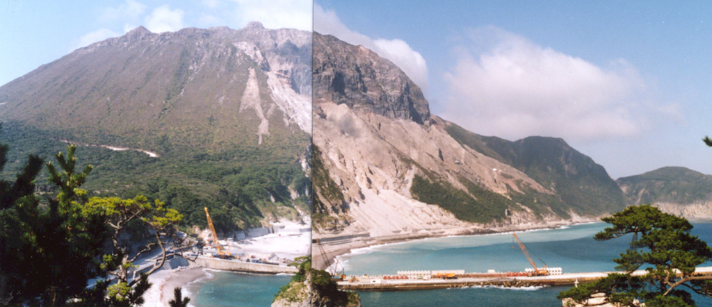 Tenjo lava dome, in the central part of the island of Kozushima, was formed during an eruption in 838 CE. Formation of the rhyolitic lava dome was accompanied by pyroclastic flows and surges and the extrusion of flow-banded lava flows. Photo by Ichio Moriya (Kanazawa University).