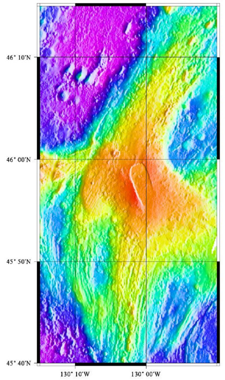 Axial volcano lies along the central Juan de Fuca Ridge crest about 480 km W of the Oregon coast. The summit reaches about 1.4 km below the ocean surface and is marked by a 3 x 8 km caldera (center). The caldera opens to the SE and has caldera walls up to 150 m high. Hydrothermal vents colonized with biological communities are located near the caldera boundary or along rift zones to the NE and S. In 1998 a lava flow was erupted from a fissure at the southern end of the caldera. Image courtesy of National Oceanic and Atmospheric Administration (http://www.pmel.noaa.gov/vents/home.html).