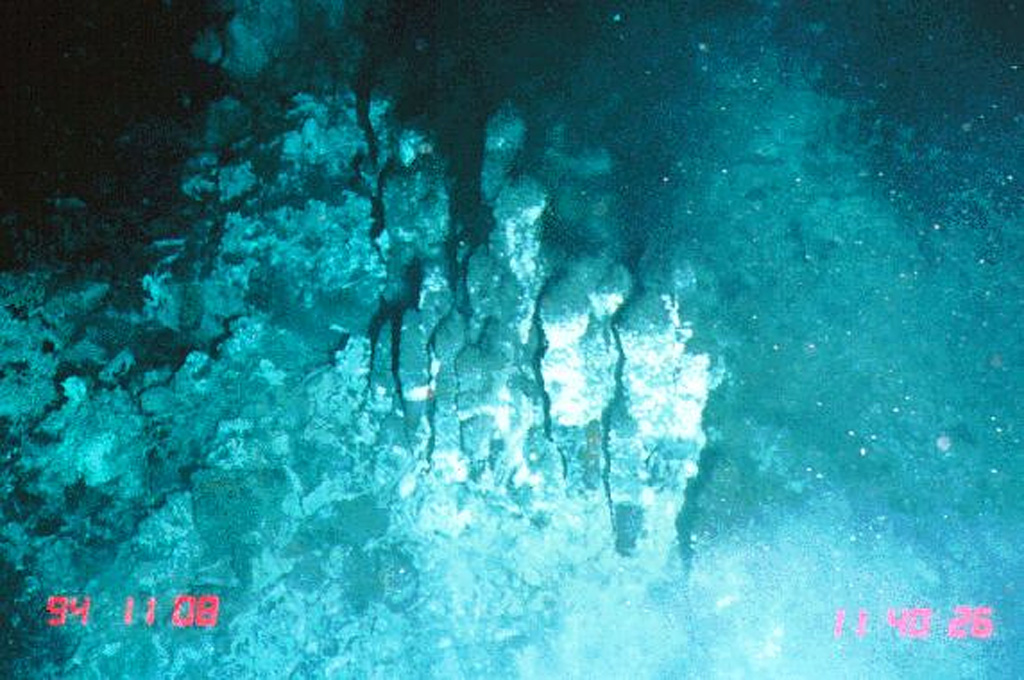 Black smoker vents emitting low-chlorinity fluids at 374°C were photographed at the "RM28" site at 18°26’S on Segment I of the Southern East Pacific Rise in November 1994 from the Japanese submersible Shinkai 6500. The narrow axial crest of Segment I of the Southern East Pacific Rise in some places is less than 50 m wide. The largest lava flow field in this area is the Animal Farm flow, named after a thriving low-temperature hydrothermal site discovered during a 1993 submersible expedition. Image courtesy of NOAA Vents Program, 1994 (www.pmel.noaa.gov/vents/chemistry/images/).