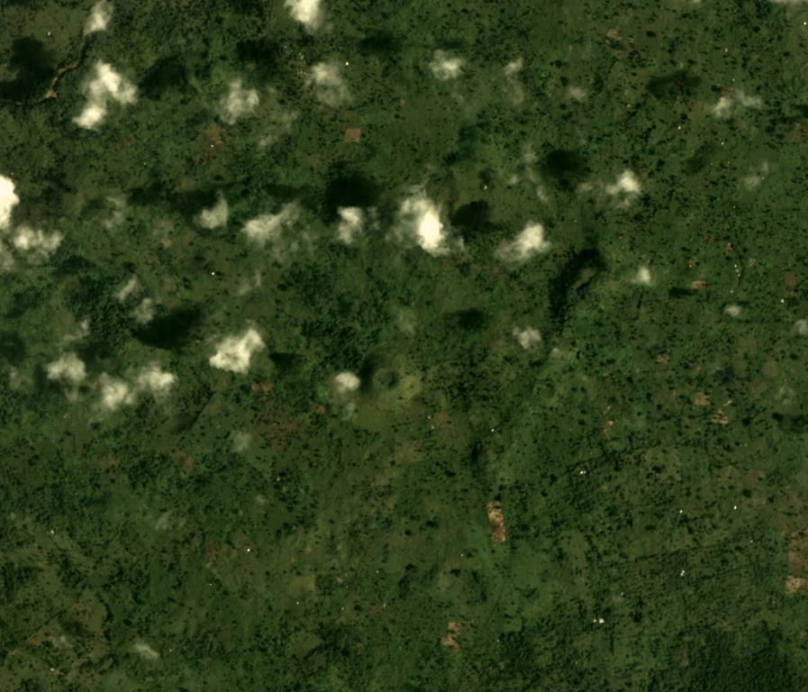 Volcán Azul consists of three scoria cones on the Atlantic coastal plain of Nicaragua, one of which is seen in the center of this October 2017 Planet Labs satellite image monthly mosaic (N is at the top). They each have craters 50-60 m across; the cone in the center has a basal diameter of approximately 410 m. Satellite image courtesy of Planet Labs Inc., 2017 (https://www.planet.com/).