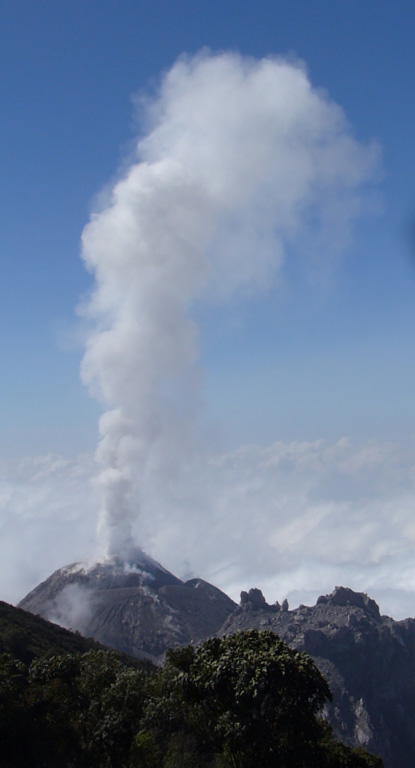 This view of El Caliente dome from the lookout point on the W flank of Santa Maria shows moderate degassing forming a vertical gas plume. The dome is part of the Santiaguito dome complex with the other domes to the right. Photo by Ailsa Naismith, 2020.