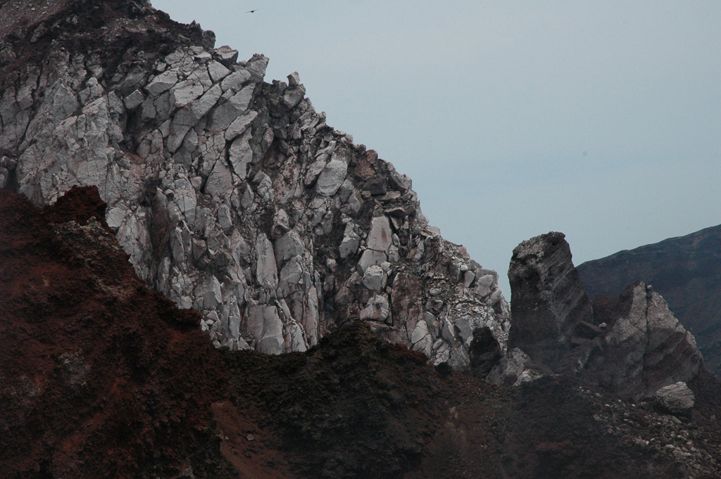 This 2011 photo taken at the summit of San Miguel shows a lava flow around 10 m thick overlying darker oxidized scoria and agglutinate deposits. Eruptions have also taken place across the flanks, producing lava flows and ashfall that caused extensive crop damage. Photo by Lis Gallant, 2011.