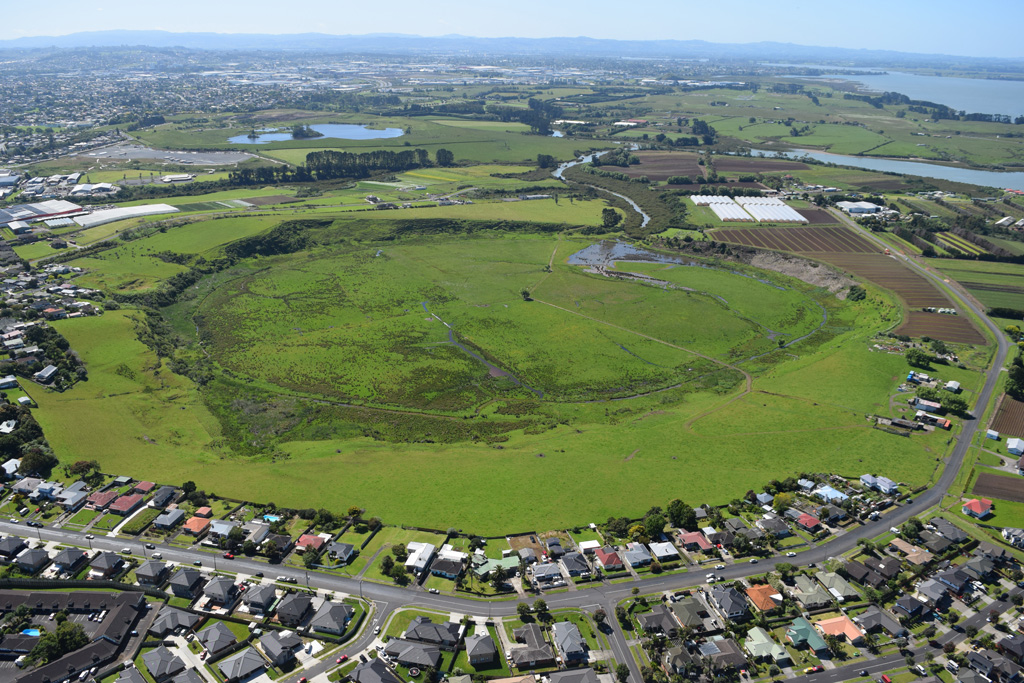 Pūkaki Lagoon or Te Pūkaki Tapu-o-Poutukeka is a maar crater within the Auckland Volcanic Field, seen here in 2018. Photo by Bruce Hayward, 2018.