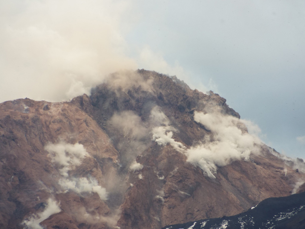 This closeup view of the eastern flank of the Sheveluch lava dome shows degassing across the surface on 6 July 2015. In the lower right is the top of the 1964 flank collapse scarp that encloses the dome. Photo by Janine Krippner, 2015.