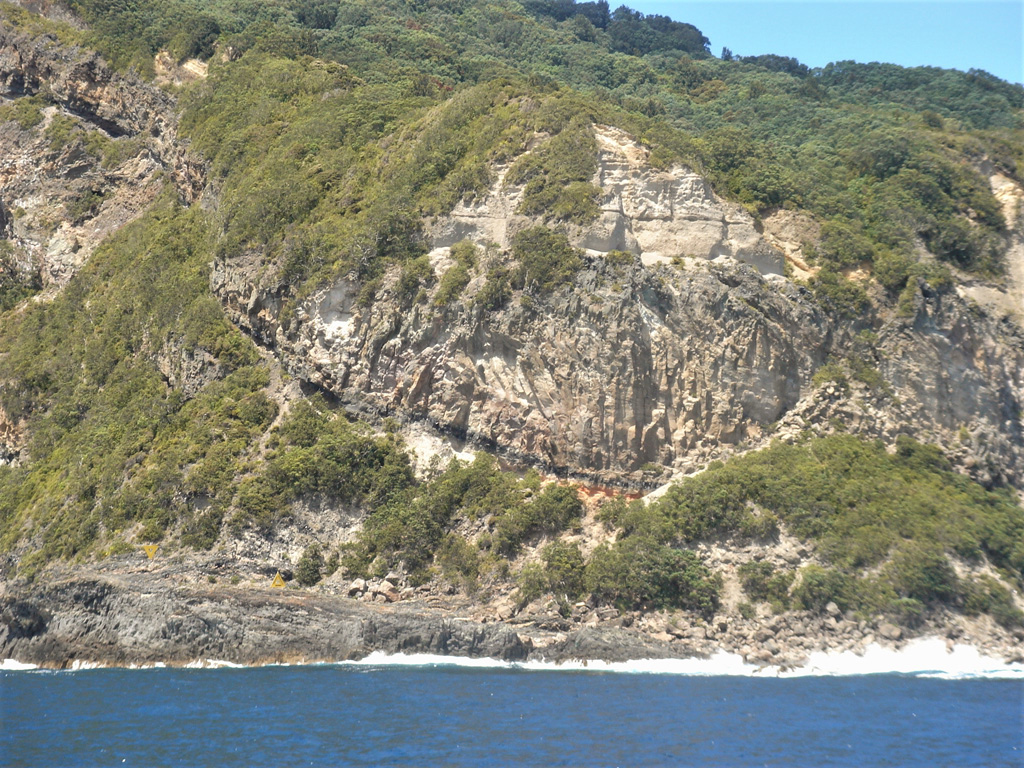 Mayor Island (Tuhua) is the top of a 700-m-high volcano with a 3-km-wide caldera forming much of the surface. Lava domes and flows have been emplaced across the island, with those seen here interbedded with obsidian layers. Photo by Janine Krippner, 2007.