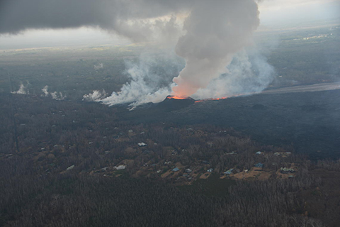 Morning overflight of KÄ«lauea Volcano's lower East Rift Zone by the Civil Air Patrol provides context for the location of the fissure 8 fountain and lava channel within the lower Puna District.